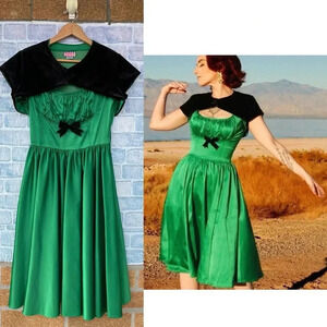 Pinup couture Evelyn swing dress green satin with reversable velvet bolero M
